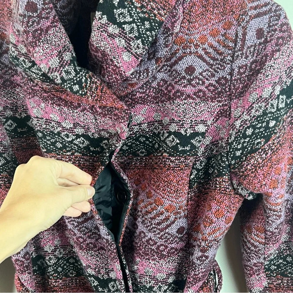 Target Mossimo Tapestry Winter Coat Belt Hood Purple Pockets Fair Isle Medium - Picture 7 of 13